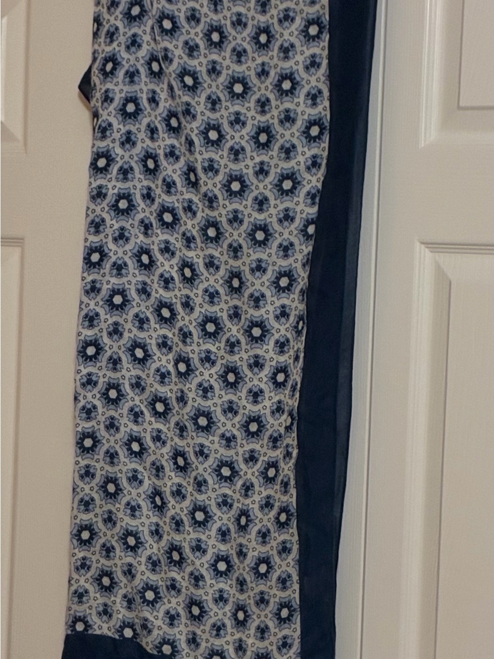 Blue Patterned scarf with Navy Trim 27” wide X 73” long
